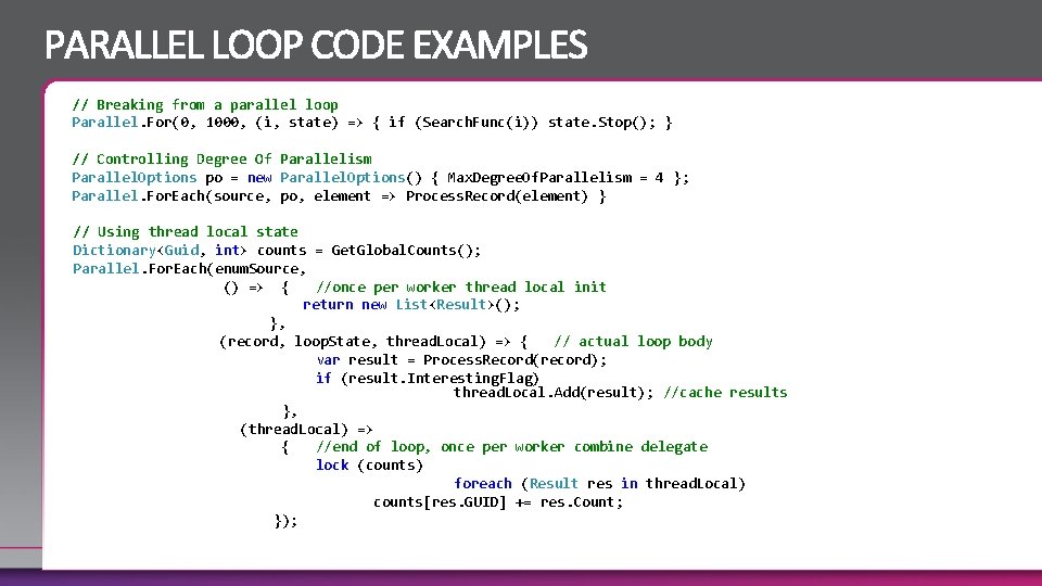 // Breaking from a parallel loop Parallel. For(0, 1000, (i, state) => { if