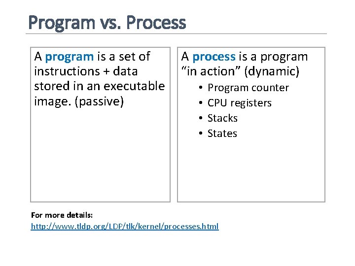 Program vs. Process A program is a set of instructions + data stored in