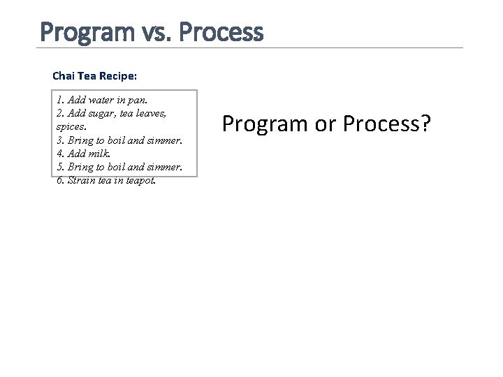 Program vs. Process Chai Tea Recipe: 1. Add water in pan. 2. Add sugar,