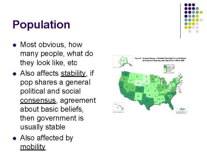 Population l l l Most obvious, how many people, what do they look like,