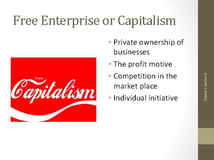  • Private ownership of businesses • The profit motive • Competition in the