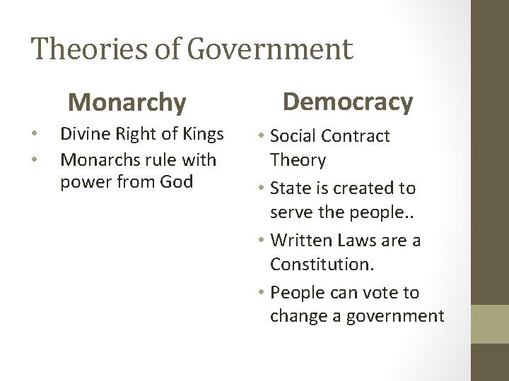 Theories of Government Monarchy • • Divine Right of Kings Monarchs rule with power