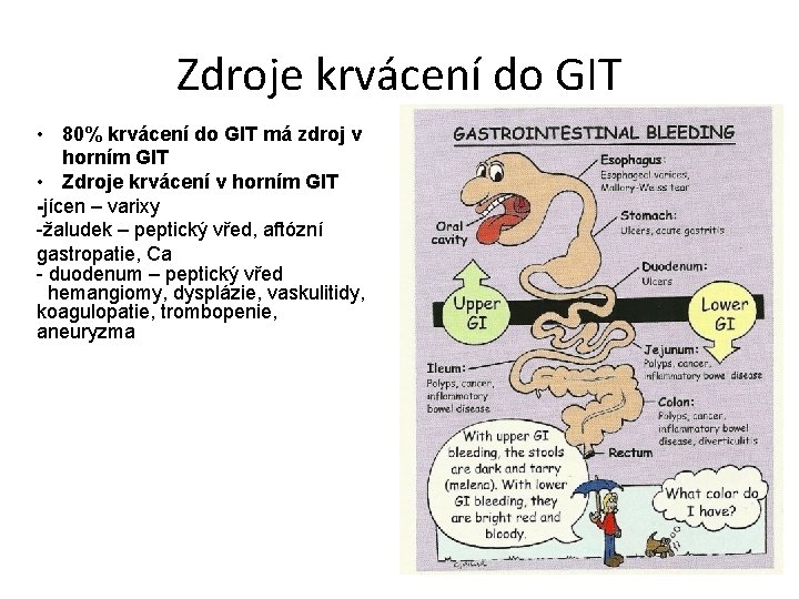 Zdroje krvácení do GIT • 80% krvácení do GIT má zdroj v horním GIT