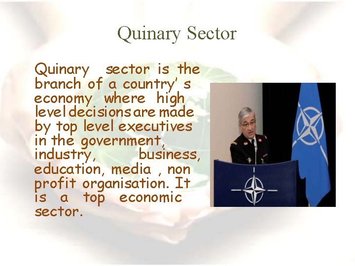 Quinary Sector Quinary sector is the branch of a country’ s economy where high