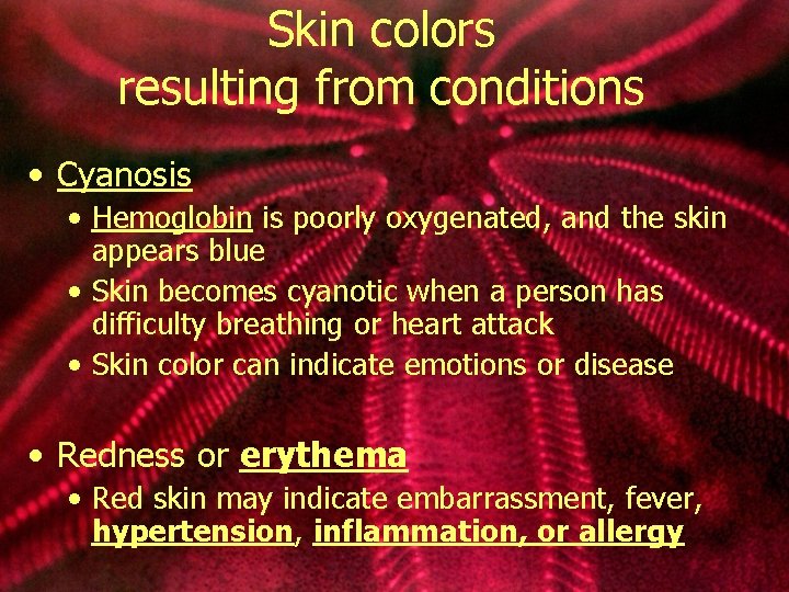 Skin colors resulting from conditions • Cyanosis • Hemoglobin is poorly oxygenated, and the