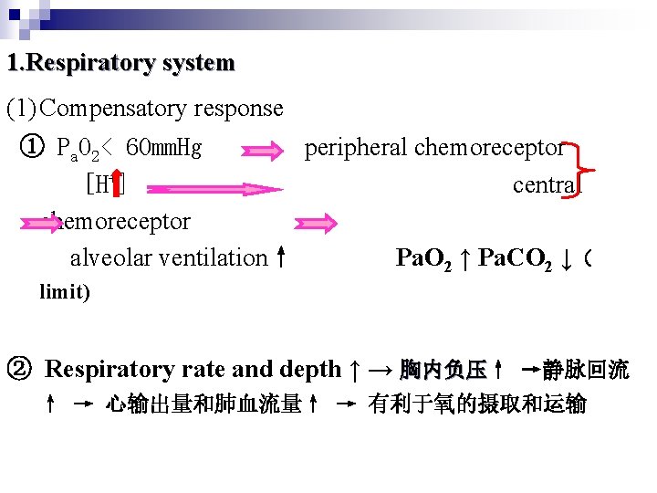 1. Respiratory system (1) Compensatory response ① Pa. O 2< 60 mm. Hg peripheral