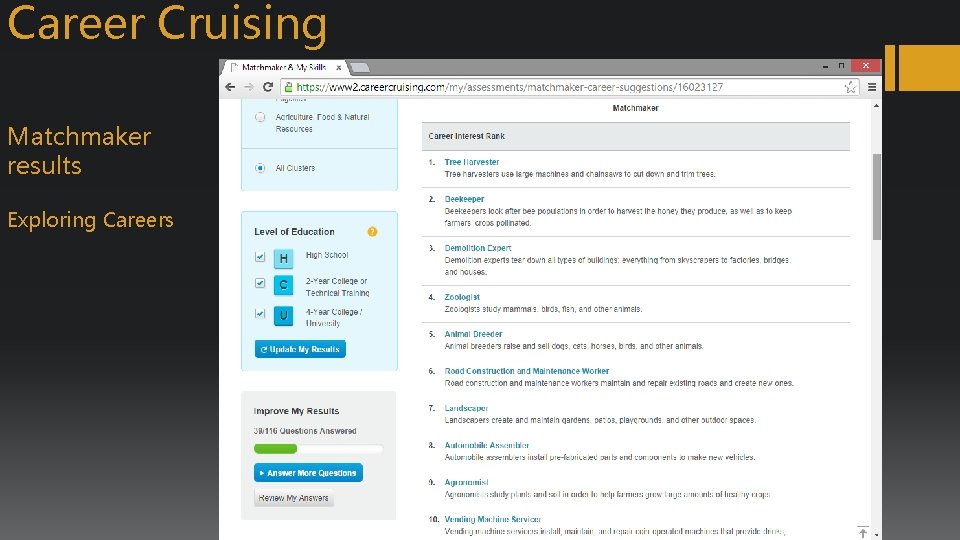 Career Cruising Matchmaker results Exploring Careers 