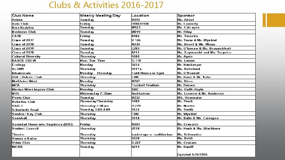 Clubs & Activities 2016 -2017 