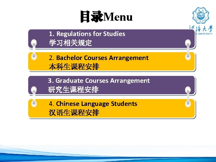 目录Menu 1. Regulations for Studies 学习相关规定 2. Bachelor Courses Arrangement 本科生课程安排 3. Graduate Courses