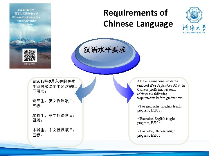 Requirements of Chinese Language 汉语水平要求 自 2019年 9月入学的学生， 毕业时汉语水平需达到以 下要求： 研究生，英文授课项目： 三级； 本科生，英文授课项目： 四级；