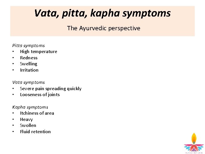 Vata, pitta, kapha symptoms The Ayurvedic perspective Pitta symptoms • High temperature • Redness