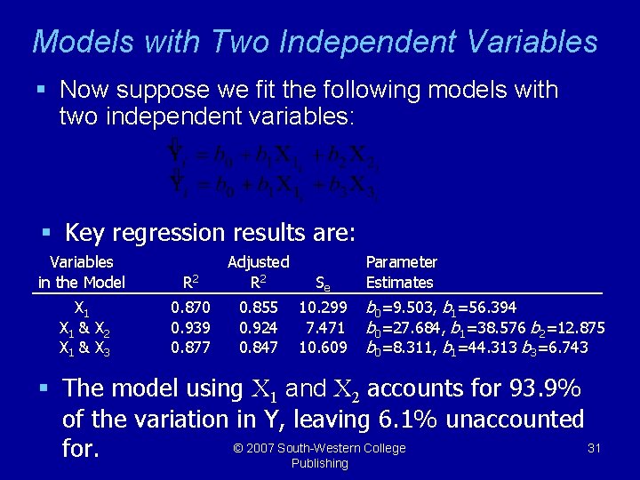 Models with Two Independent Variables § Now suppose we fit the following models with