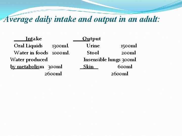 Average daily intake and output in an adult: Intake Oral Liquids 1300 ml. Water