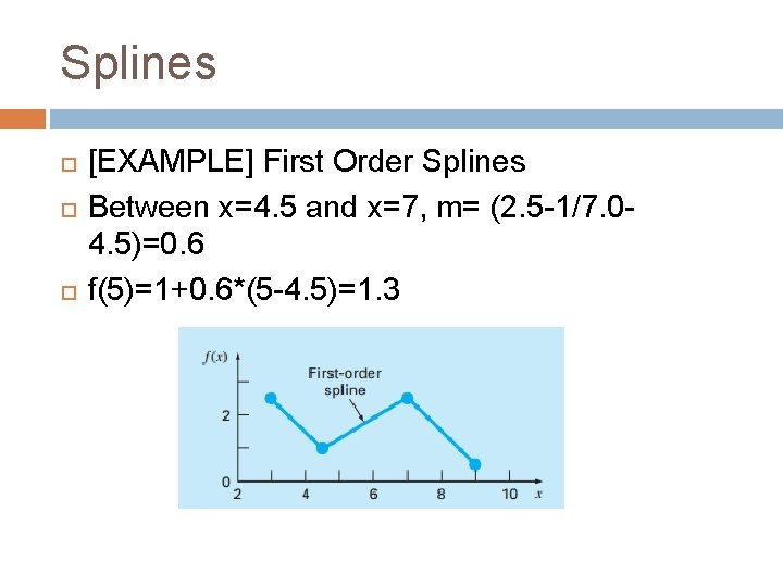 Splines [EXAMPLE] First Order Splines Between x=4. 5 and x=7, m= (2. 5 -1/7.