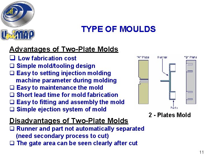 TYPE OF MOULDS Advantages of Two-Plate Molds q Low fabrication cost q Simple mold/tooling