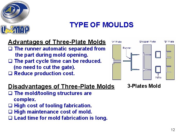 TYPE OF MOULDS Advantages of Three-Plate Molds q The runner automatic separated from the