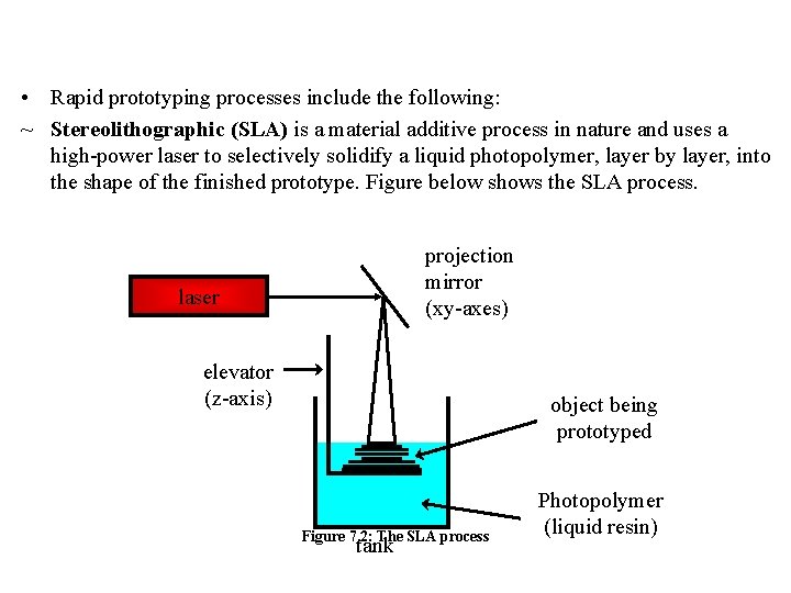  • Rapid prototyping processes include the following: ~ Stereolithographic (SLA) is a material