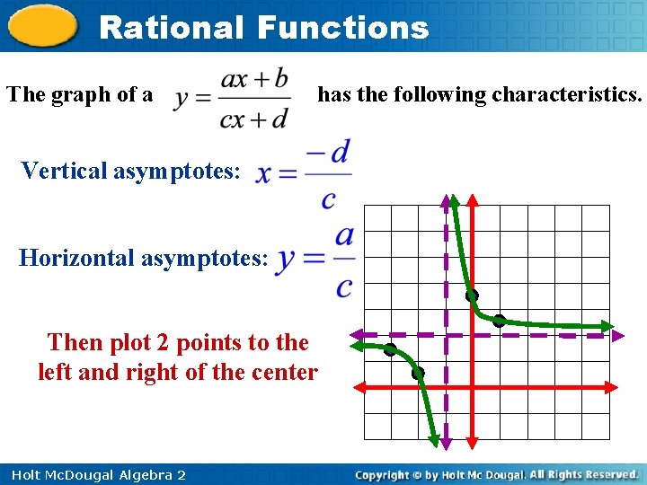 Rational Functions The graph of a has the following characteristics. Vertical asymptotes: Horizontal asymptotes: