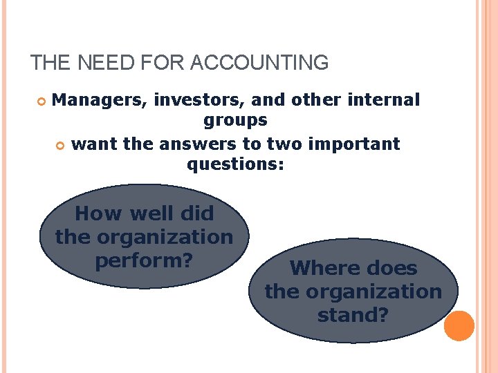 THE NEED FOR ACCOUNTING Managers, investors, and other internal groups want the answers to THE NEED FOR ACCOUNTING Managers, investors, and other internal groups want the answers to