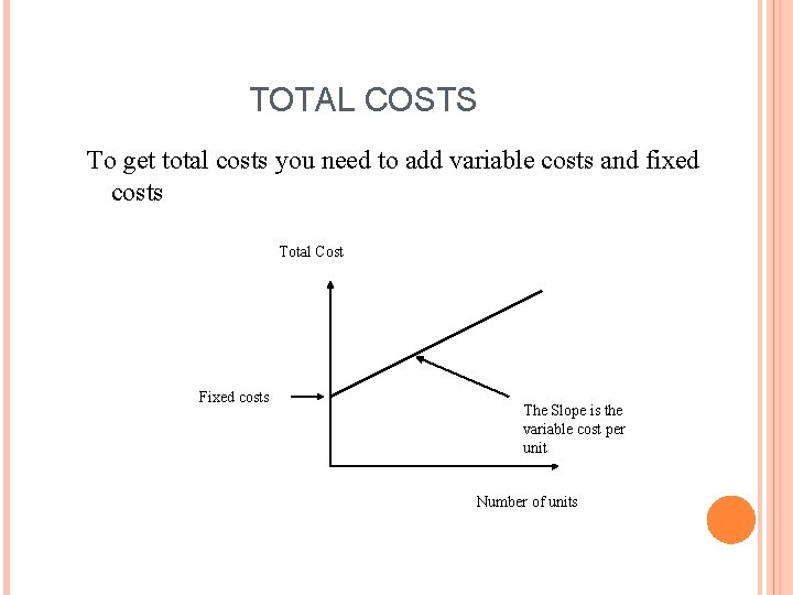 TOTAL COSTS To get total costs you need to add variable costs and fixed TOTAL COSTS To get total costs you need to add variable costs and fixed