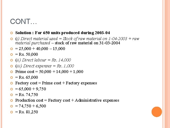 CONT… Solution : For 650 units produced during 2003 -04 (i) Direct material used CONT… Solution : For 650 units produced during 2003 -04 (i) Direct material used
