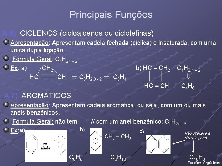 Principais Funções A. 6) CICLENOS (cicloalcenos ou ciclolefinas) Apresentação: Apresentam cadeia fechada (cíclica) e