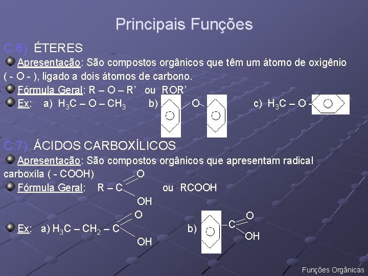 Principais Funções C. 6) ÉTERES Apresentação: São compostos orgânicos que têm um átomo de