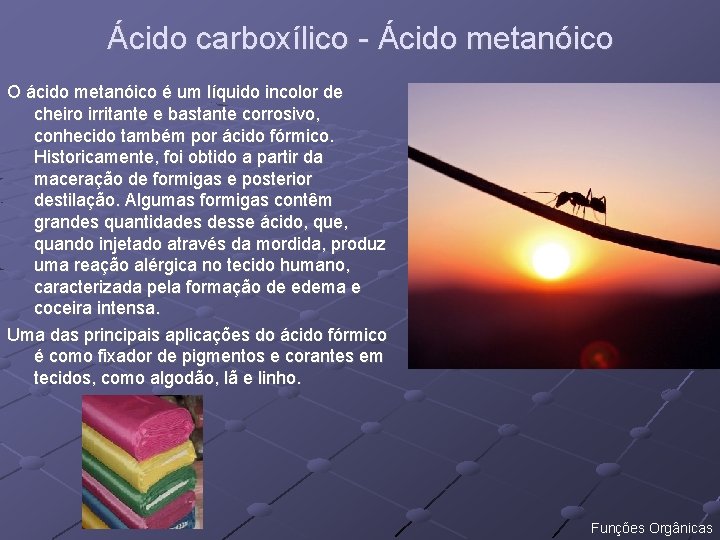 Ácido carboxílico - Ácido metanóico O ácido metanóico é um líquido incolor de cheiro