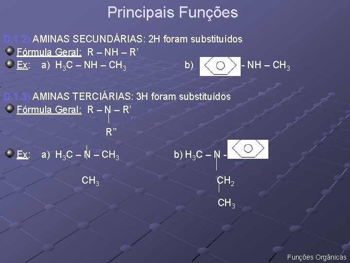 Principais Funções D. 1. 2) AMINAS SECUNDÁRIAS: 2 H foram substituídos Fórmula Geral: R