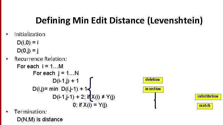 Defining Min Edit Distance (Levenshtein) • Initialization D(i, 0) = i D(0, j) =