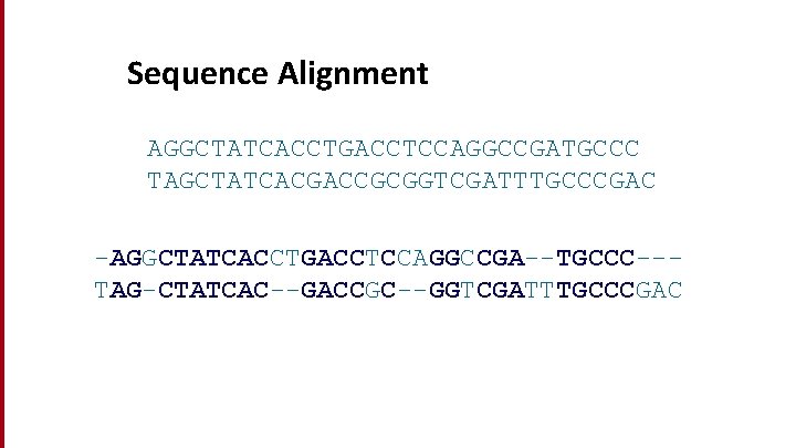 Sequence Alignment AGGCTATCACCTGACCTCCAGGCCGATGCCC TAGCTATCACGACCGCGGTCGATTTGCCCGAC -AGGCTATCACCTGACCTCCAGGCCGA--TGCCC--TAG-CTATCAC--GACCGC--GGTCGATTTGCCCGAC 