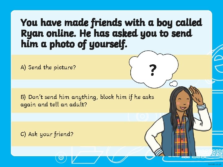You have made friends with a boy called Ryan online. He has asked you