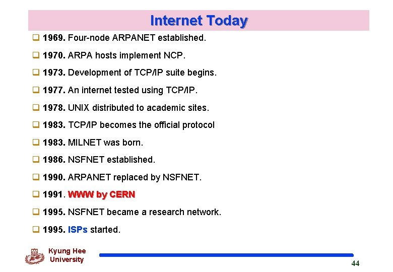 Internet Today q 1969. Four-node ARPANET established. q 1970. ARPA hosts implement NCP. q