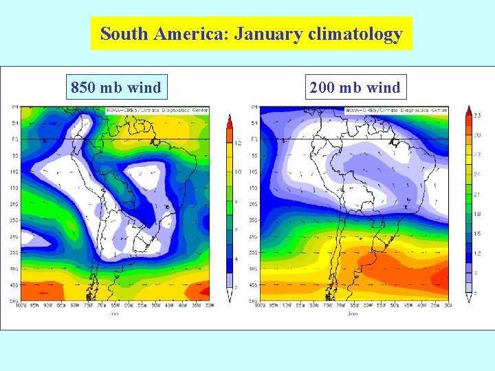 South America: January climatology 850 mb wind 200 mb wind 