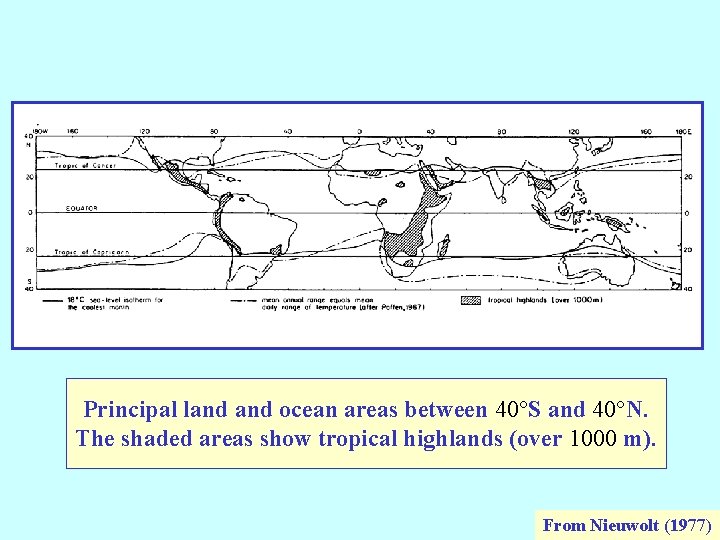 Principal land ocean areas between 40°S and 40°N. The shaded areas show tropical highlands