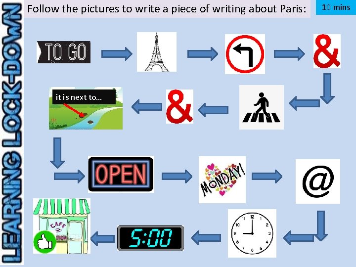 Follow the pictures to write a piece of writing about Paris: it is next