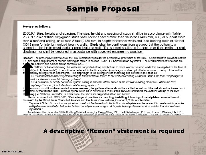 Sample Proposal A descriptive “Reason” statement is required Robert W. Rice 2012 