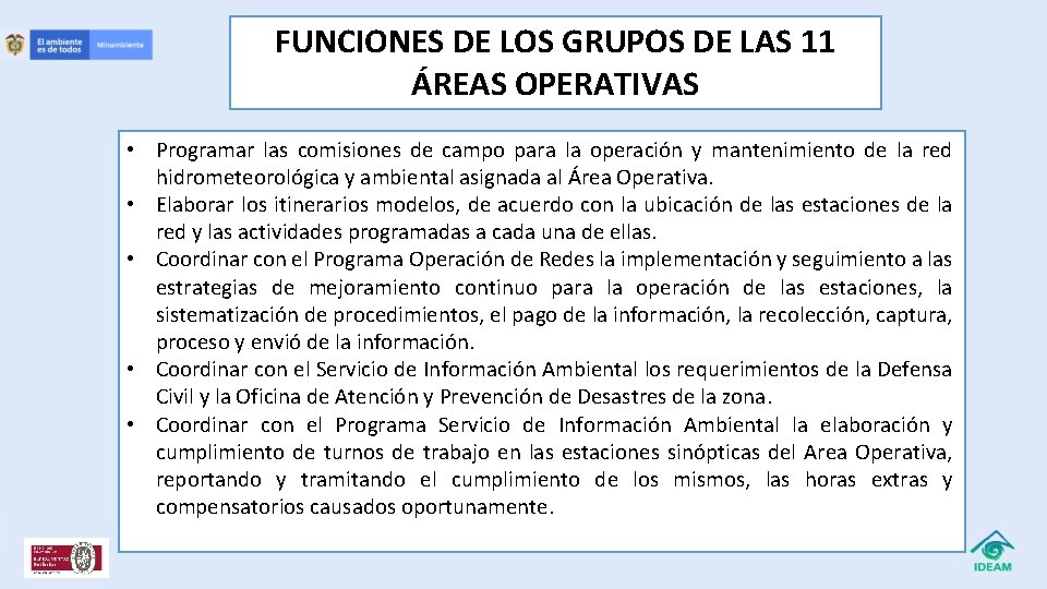 FUNCIONES DE LOS GRUPOS DE LAS 11 ÁREAS OPERATIVAS • Programar las comisiones de