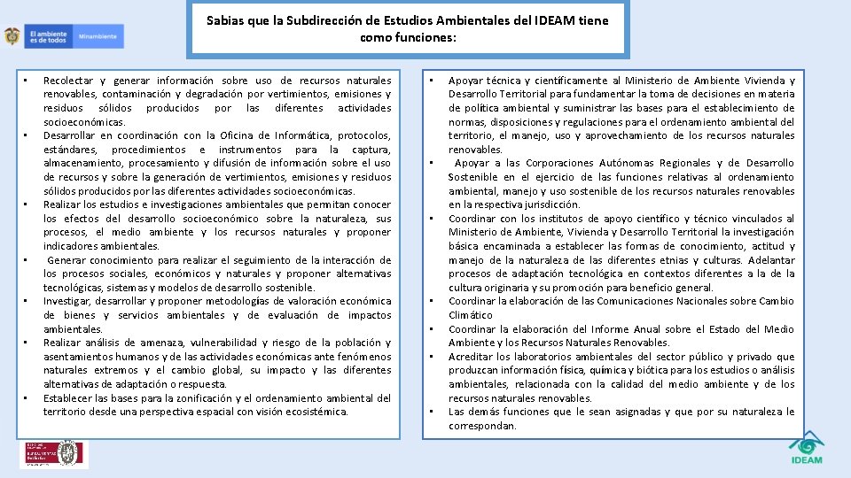 Sabias que la Subdirección de Estudios Ambientales del IDEAM tiene como funciones: • •