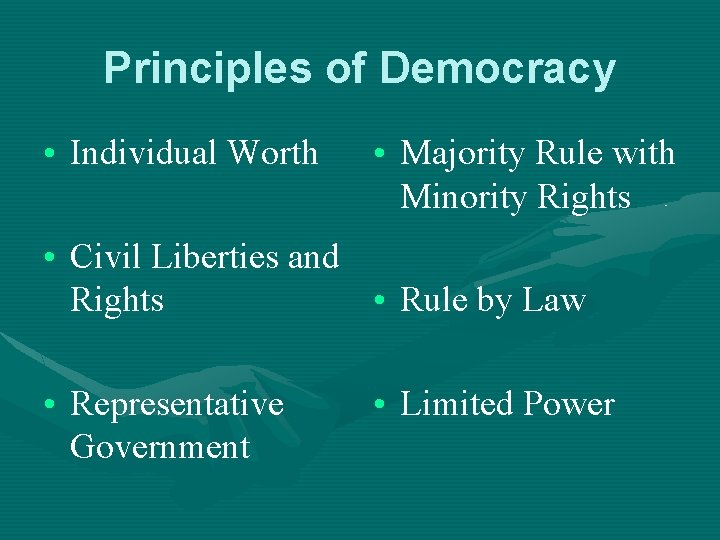 Principles of Democracy • Individual Worth • Majority Rule with Minority Rights • Civil