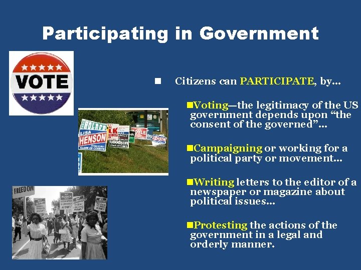 Participating in Government n Citizens can PARTICIPATE, by… n. Voting—the legitimacy of the US