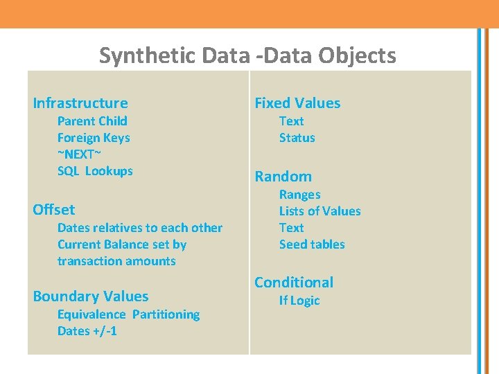 Synthetic Data -Data Objects Infrastructure Parent Child Foreign Keys ~NEXT~ SQL Lookups Offset Dates