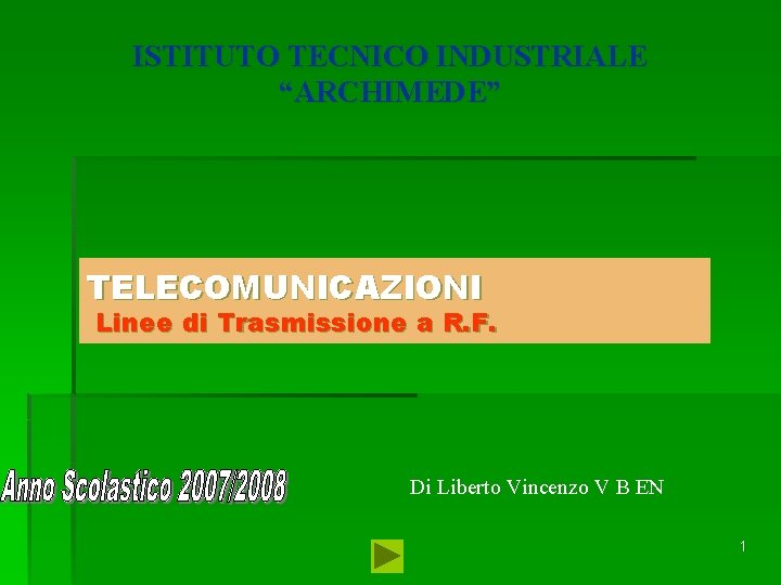 ISTITUTO TECNICO INDUSTRIALE “ARCHIMEDE” TELECOMUNICAZIONI Linee di Trasmissione a R. F. Di Liberto Vincenzo