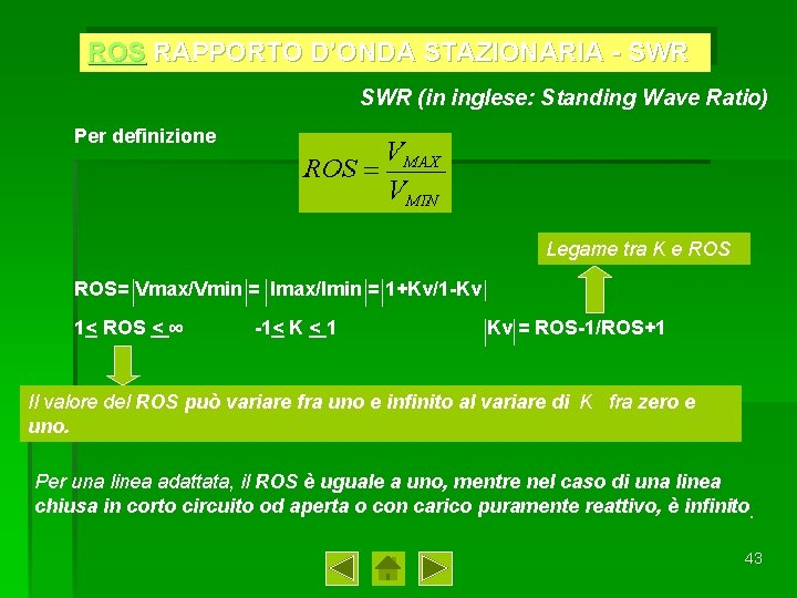 ROS RAPPORTO D’ONDA STAZIONARIA - SWR (in inglese: Standing Wave Ratio) Per definizione Legame