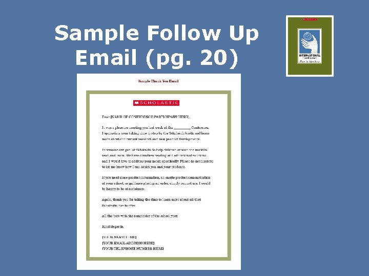 Sample Follow Up Email (pg. 20) 
