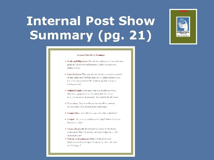 Internal Post Show Summary (pg. 21) 