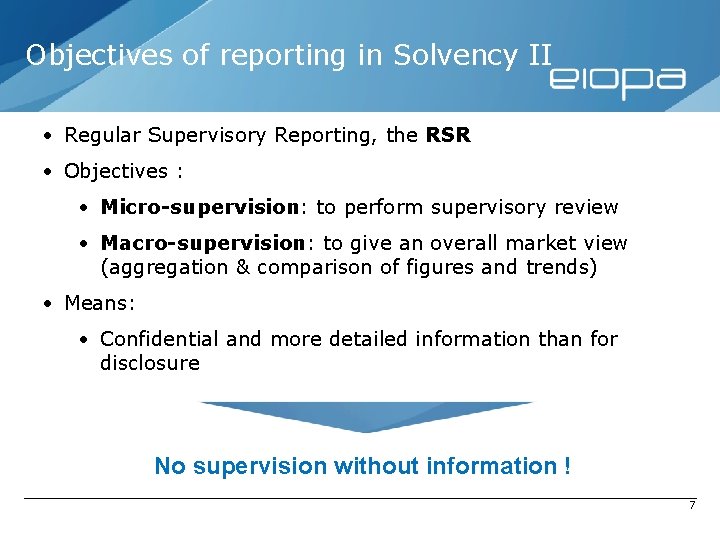 Objectives of reporting in Solvency II • Regular Supervisory Reporting, the RSR • Objectives