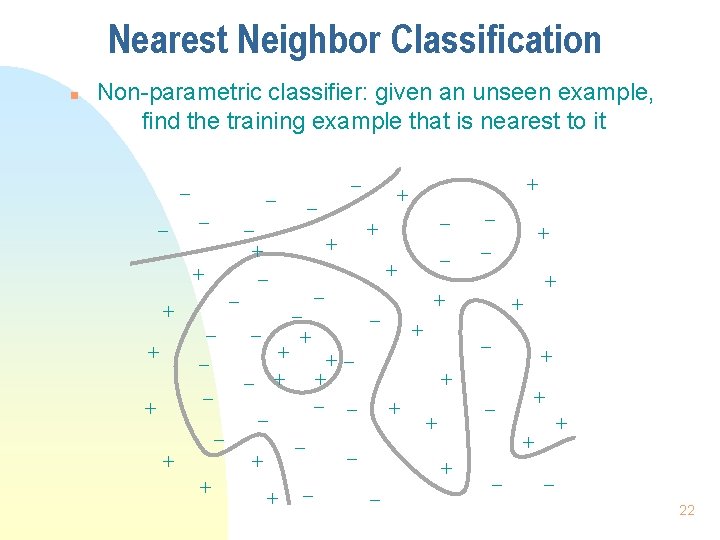 Nearest Neighbor Classification n Non-parametric classifier: given an unseen example, find the training example