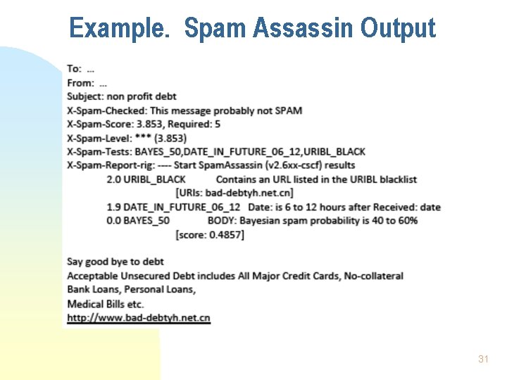 Example. Spam Assassin Output 31 