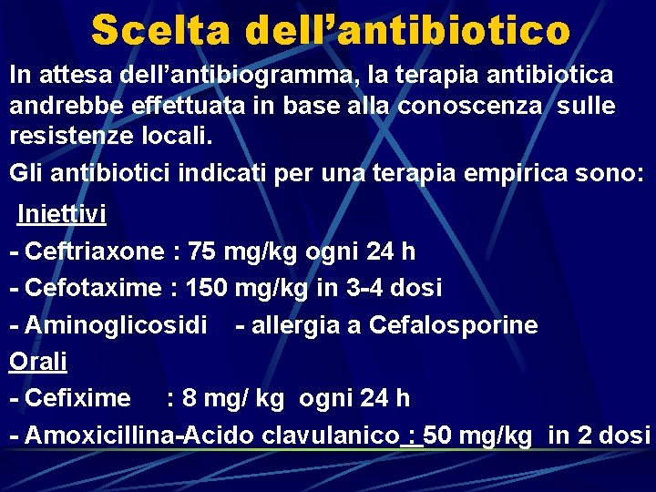 Scelta dell’antibiotico In attesa dell’antibiogramma, la terapia antibiotica andrebbe effettuata in base alla conoscenza